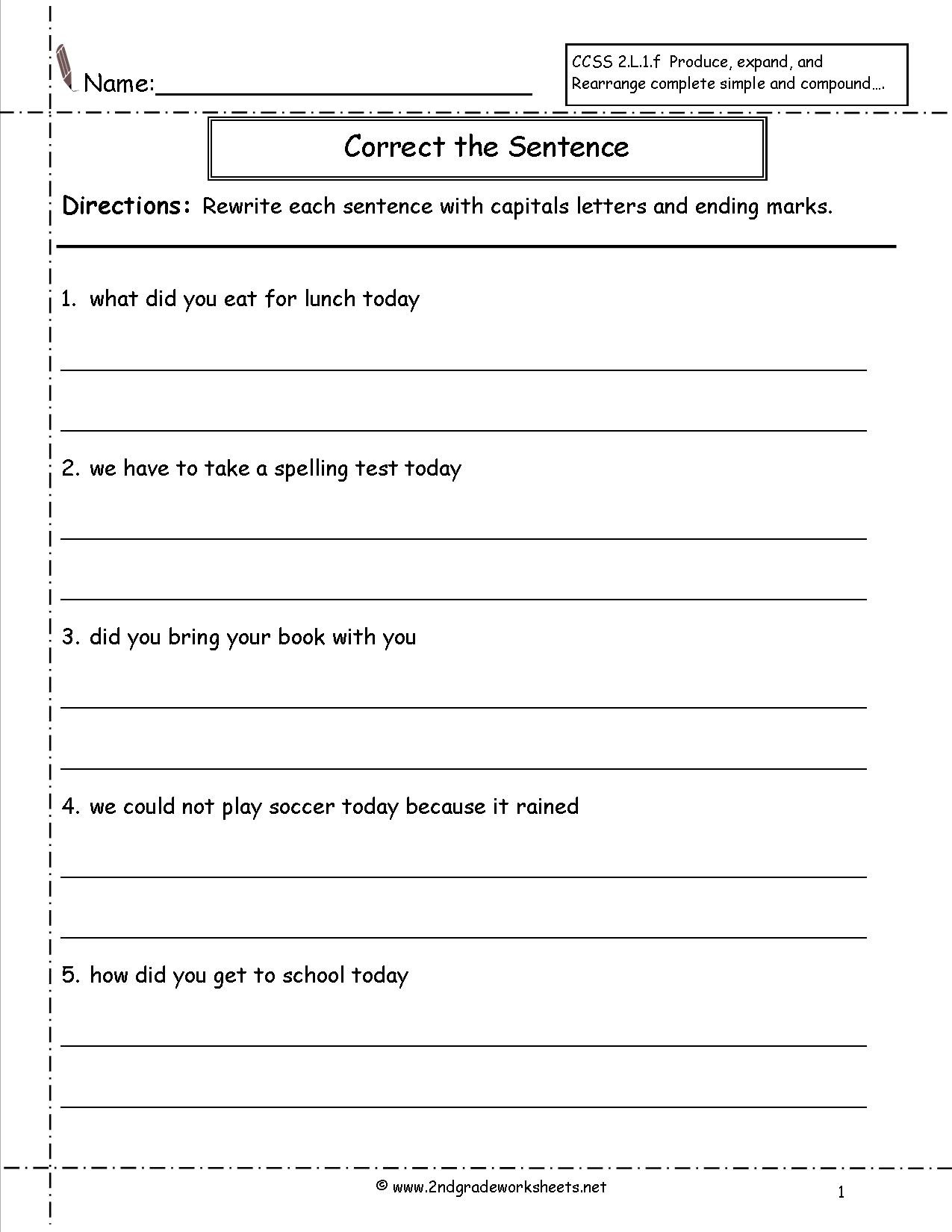 Complete Sentences Worksheets 2nd Grade Second Grade Sentences Worksheets Ccss 2 L 1 F Worksheets