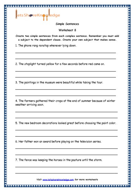 Complex Sentence Worksheets 4th Grade Grade 4 English Resources Printable Worksheets topic Simple