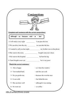 Conjunction Worksheets for Grade 3 Conjunction