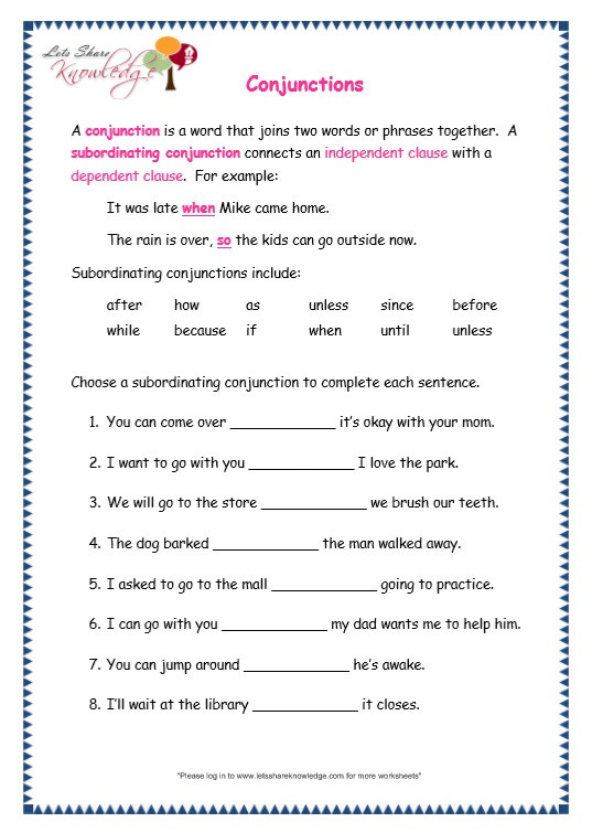 Conjunction Worksheets for Grade 3 Grade 3 Grammar topic 19 Conjunctions Worksheets Lets