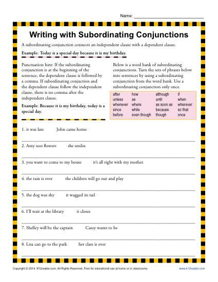 Conjunction Worksheets for Grade 3 Writing with Subordinating Conjunctions