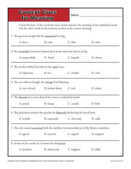 Context Clues Worksheets 1st Grade Context Clues for Meaning Worksheets Words In Easy