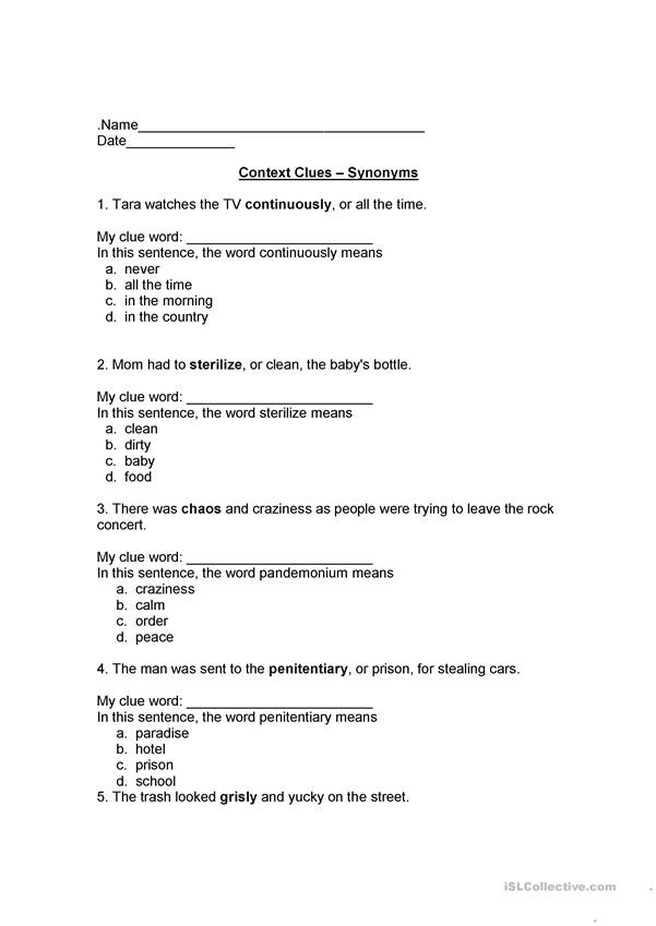 Context Clues Worksheets Grade 5 Context Clues Synonyms English Esl Worksheets for Distance
