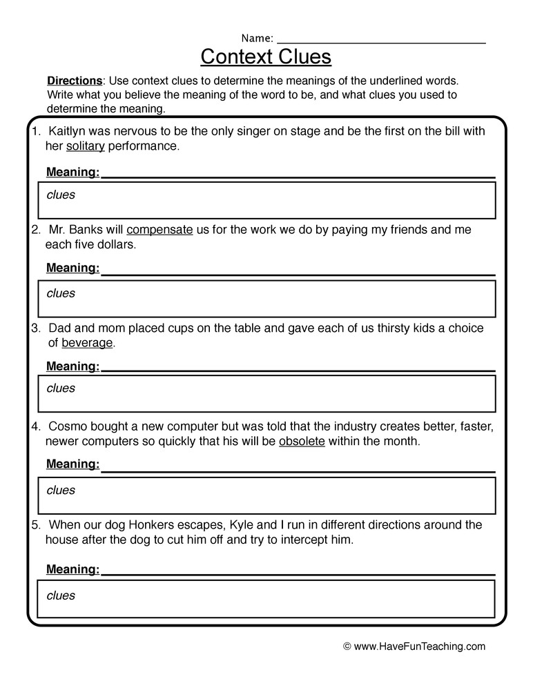 Context Clues Worksheets Grade 5 Context Clues Worksheet