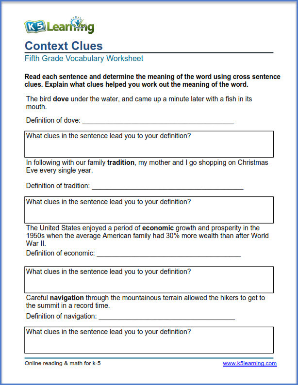 Context Clues Worksheets Grade 5 Grade 5 Vocabulary Worksheets – Printable and organized by
