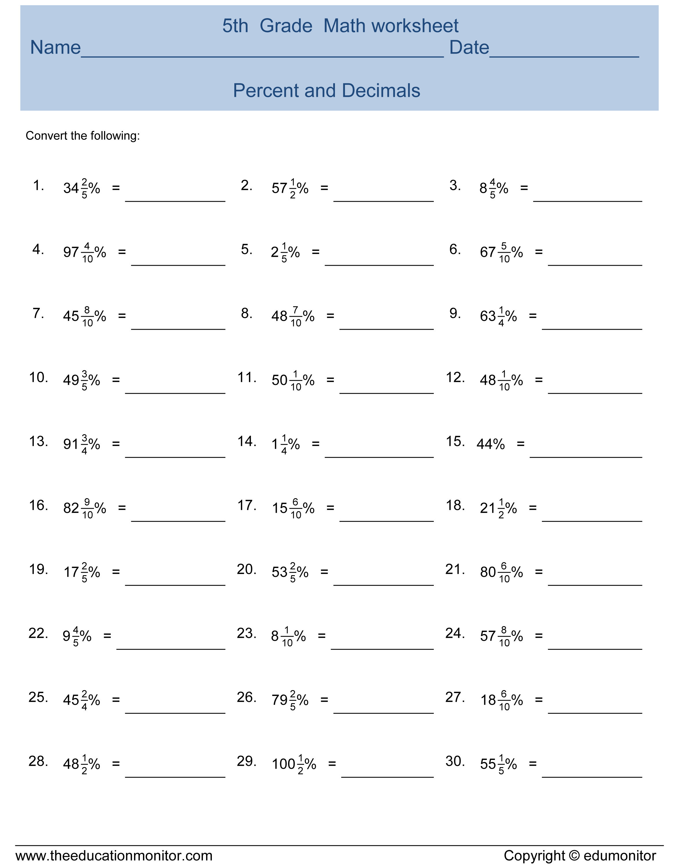 Conversion Worksheets 5th Grade 5th Grade Converting Percentages 5th Grade Math