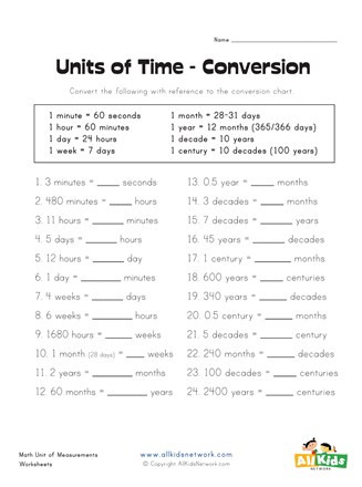 Conversion Worksheets 5th Grade Converting Units Of Time Worksheet