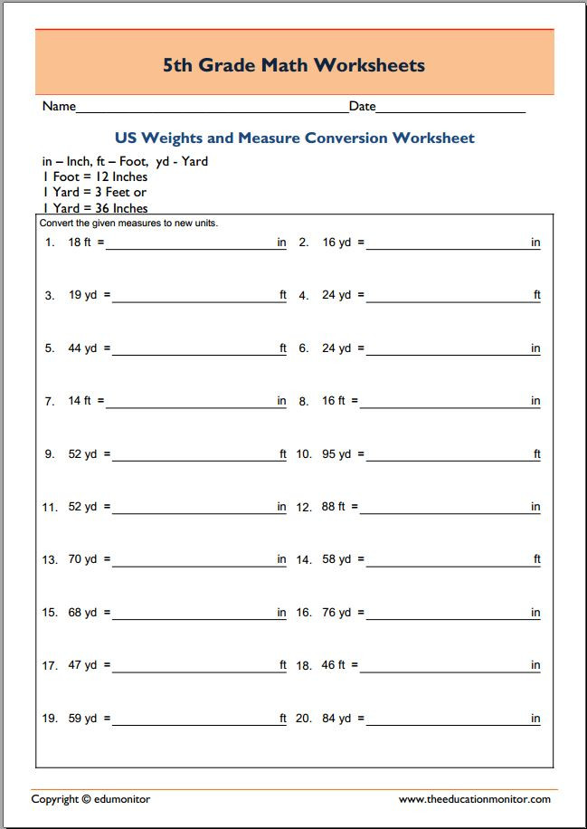 Conversion Worksheets 5th Grade Printable 5th Grade Math Worksheets On Weights and Measures