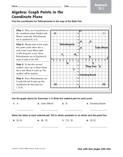 Coordinate Grid Worksheet 5th Grade Algebra Graph Points In the Coordinate Plane Reteach 13 1