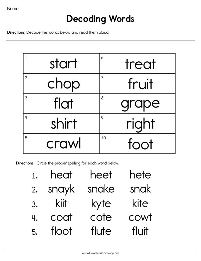 Decoding Worksheets for 1st Grade Decoding Words Worksheet