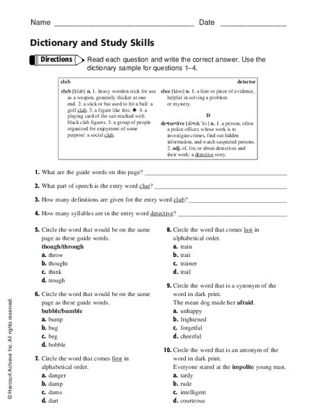 Dictionary Skill Worksheets 3rd Grade Dictionary and Study Skills Worksheet for 3rd 5th Grade