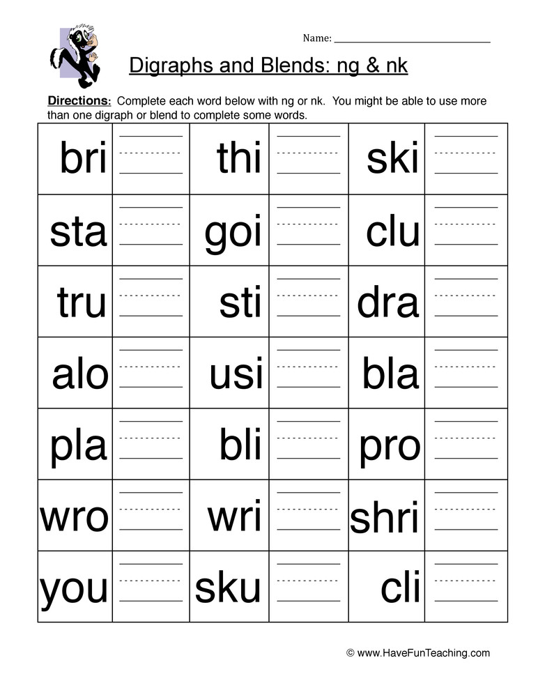 Digraph Worksheets for First Grade Ng and Nk Digraph Worksheet