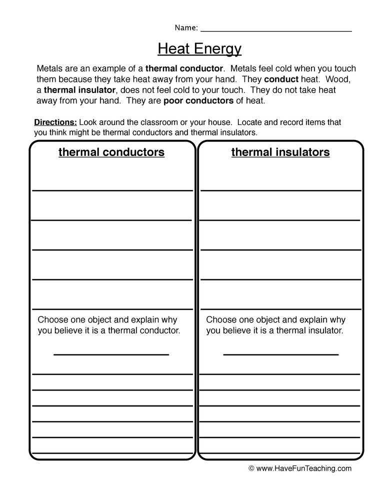 Energy Worksheets for 3rd Grade Conductors and Insulators Heat Energy Worksheet
