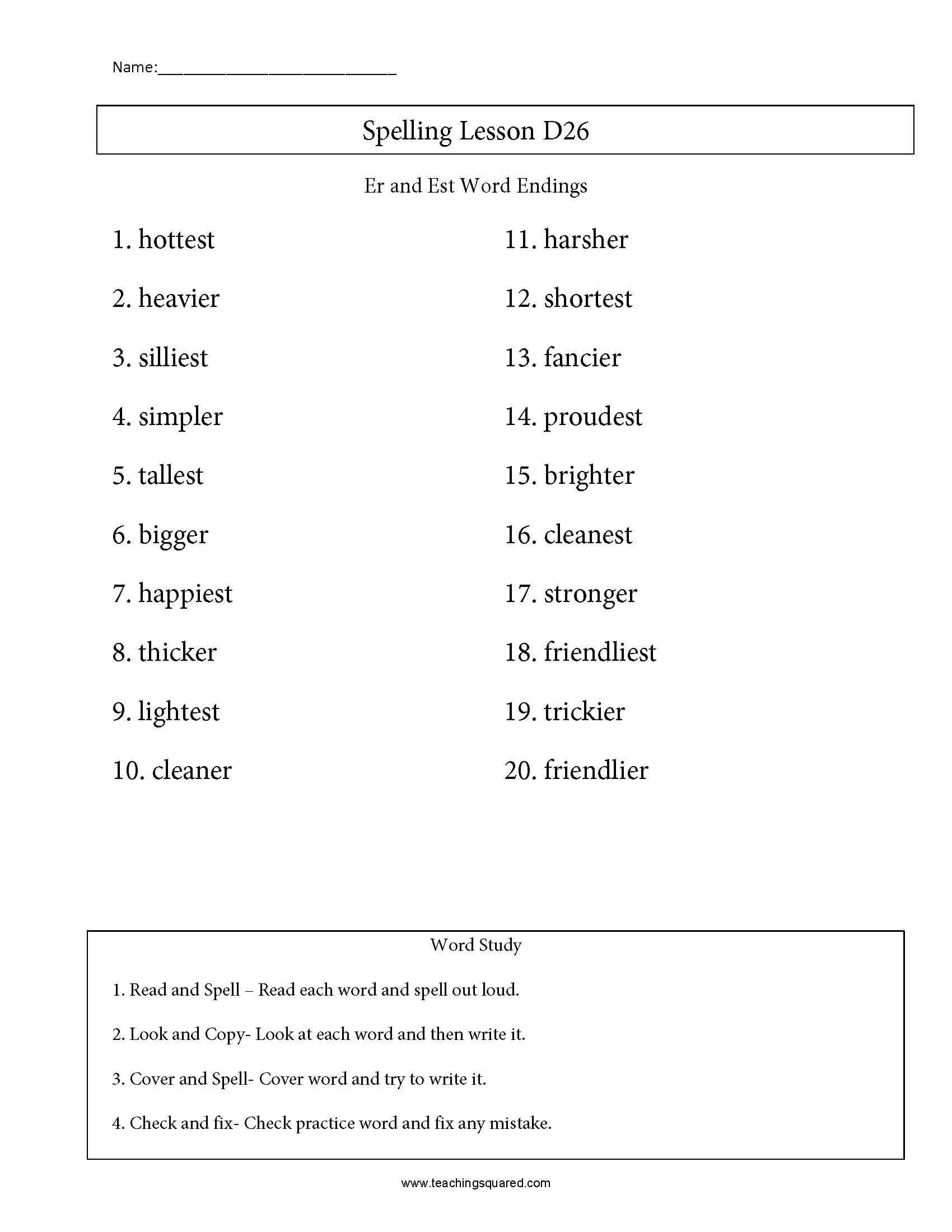 Er Est Worksheets 2nd Grade Spelling List D26 Er and Est Word Endings Teaching Squared