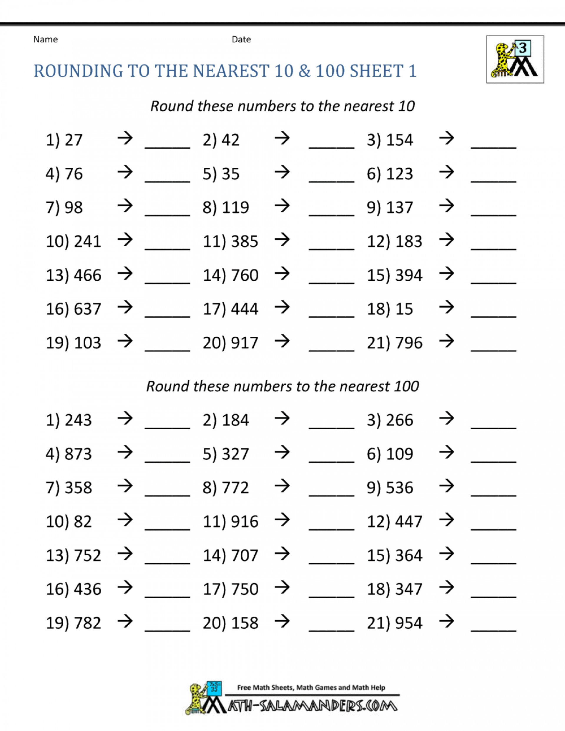 Estimating Worksheets 3rd Grade Math Rounding Worksheet Third Grade