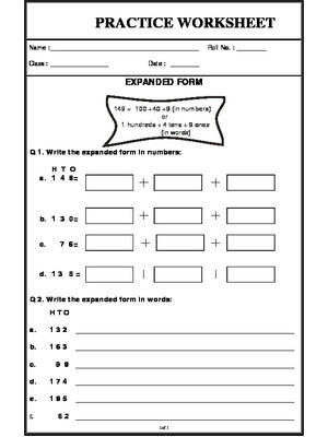 Expanded form Worksheets 1st Grade Expanded form