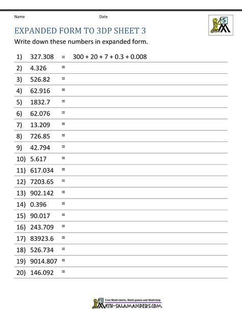 Expanded form Worksheets 5th Grade 5th Grade Math Worksheets Expanded form to 3dp 3 1000