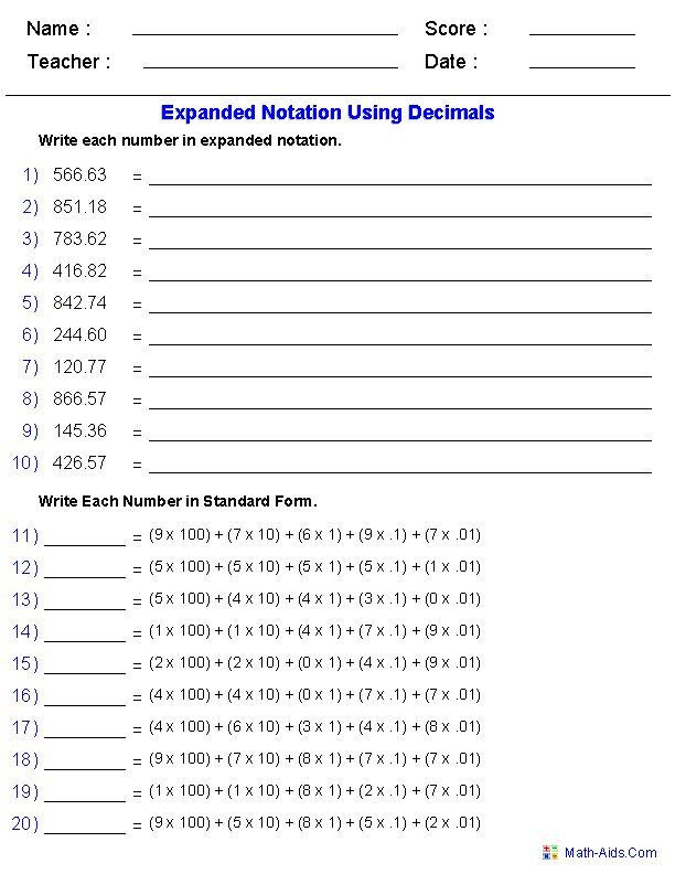 Expanded form Worksheets 5th Grade Expanded Notation Using Decimals Place Value Worksheets