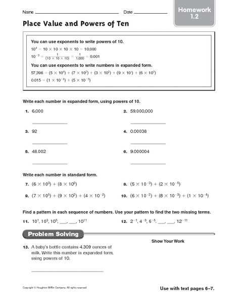 Expanded form Worksheets 5th Grade Place Value and Powers Of Ten Homework 1 2 Worksheet for