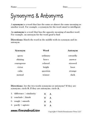 First Grade Antonyms Worksheet Free Synonyms and Antonyms Worksheets Language Arts