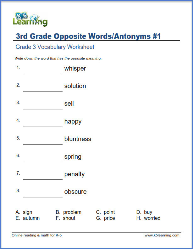 First Grade Antonyms Worksheet Grade Vocabulary Worksheets Printable and organized by