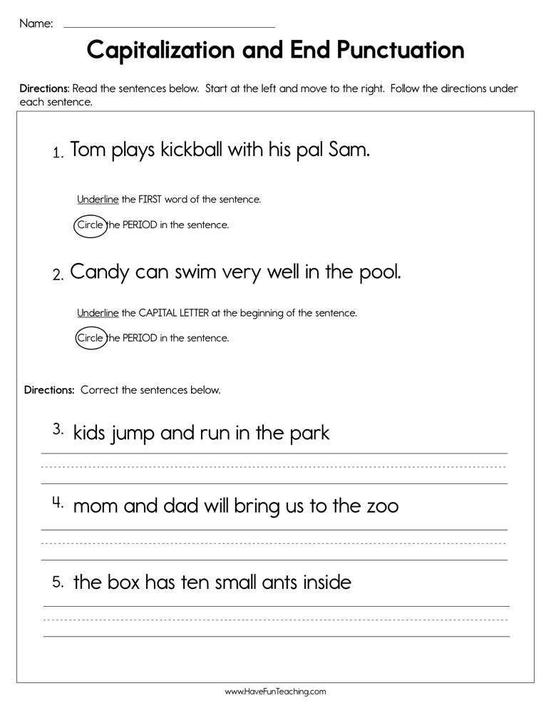 First Grade Capitalization Worksheets Capitalization and End Punctuation Worksheet