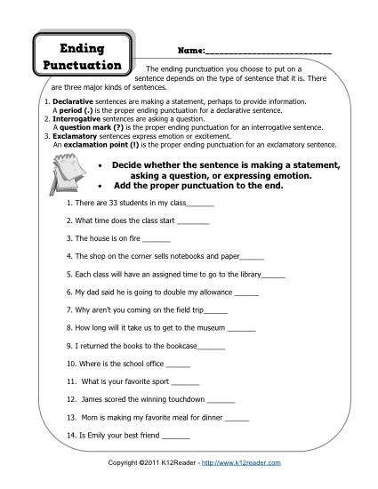 First Grade Punctuation Worksheets Ending Punctuation