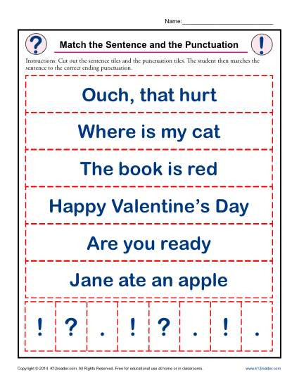First Grade Punctuation Worksheets Match the Sentence and the Punctuation