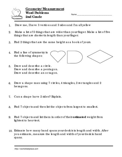 Geometry Worksheet 2nd Grade 2nd Grade Geometry Word Problems Worksheet for 2nd Grade