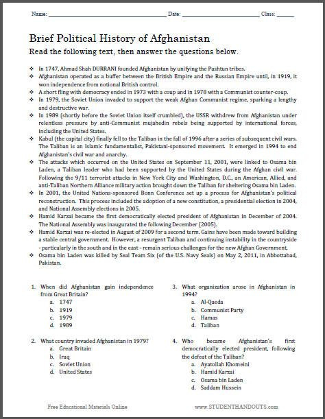 Grade 7 social Studies Worksheets Brief Political History Of Afghanistan Multiple Choice