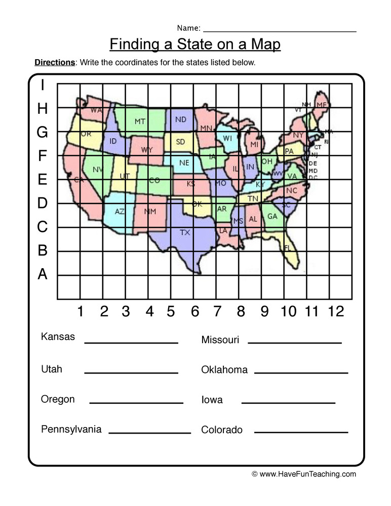 Grid Map Worksheets Grade 2 Finding A State On A Map Worksheet