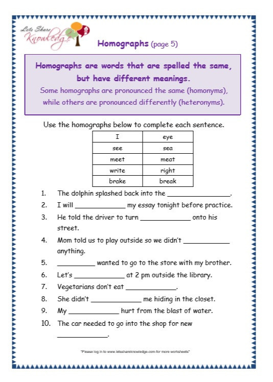 Homograph Worksheet 5th Grade 8 Printable Homographs Examples Pdf