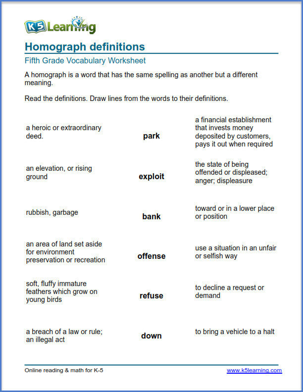 Homograph Worksheet 5th Grade Grade 5 Vocabulary Worksheets – Printable and organized by