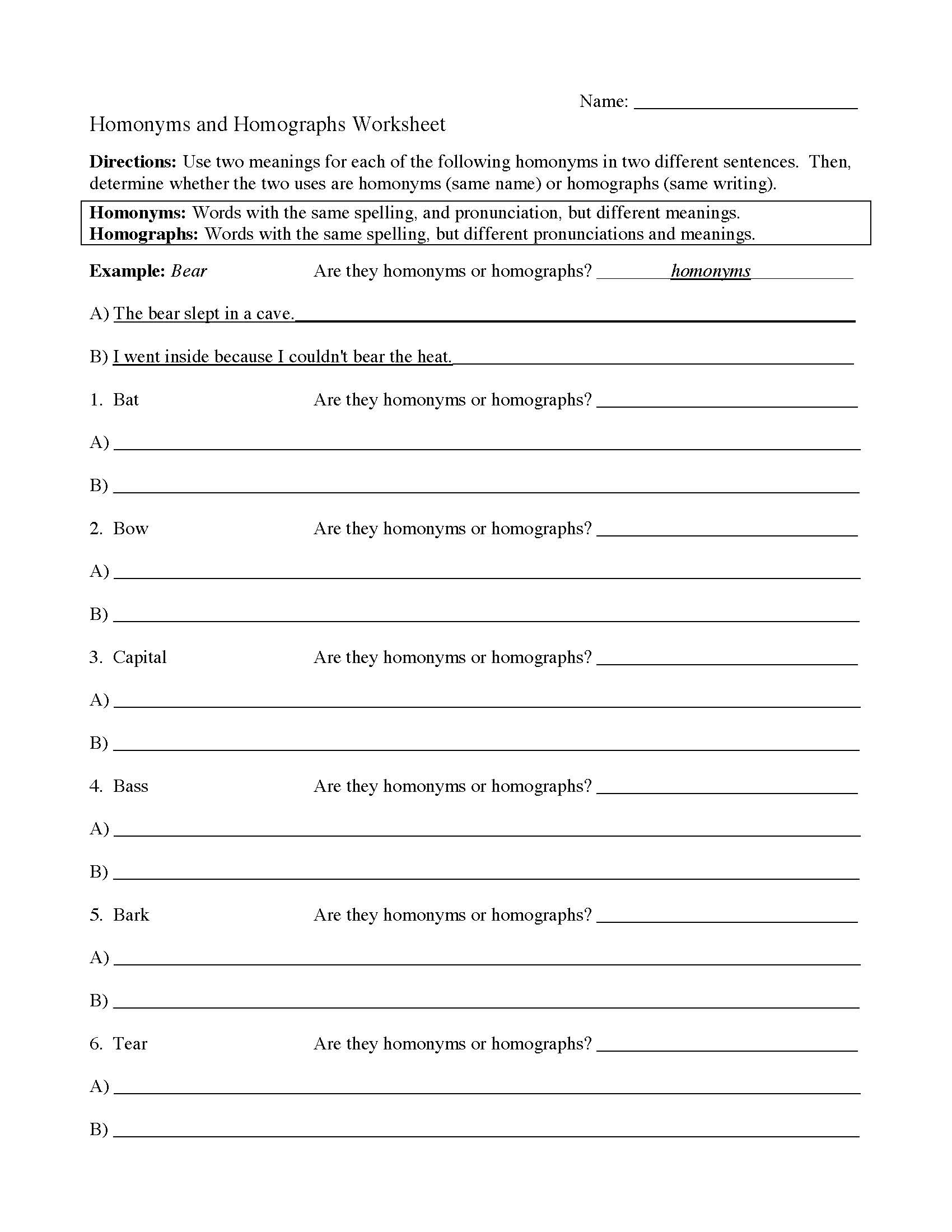 Homograph Worksheet 5th Grade Homophones Worksheets
