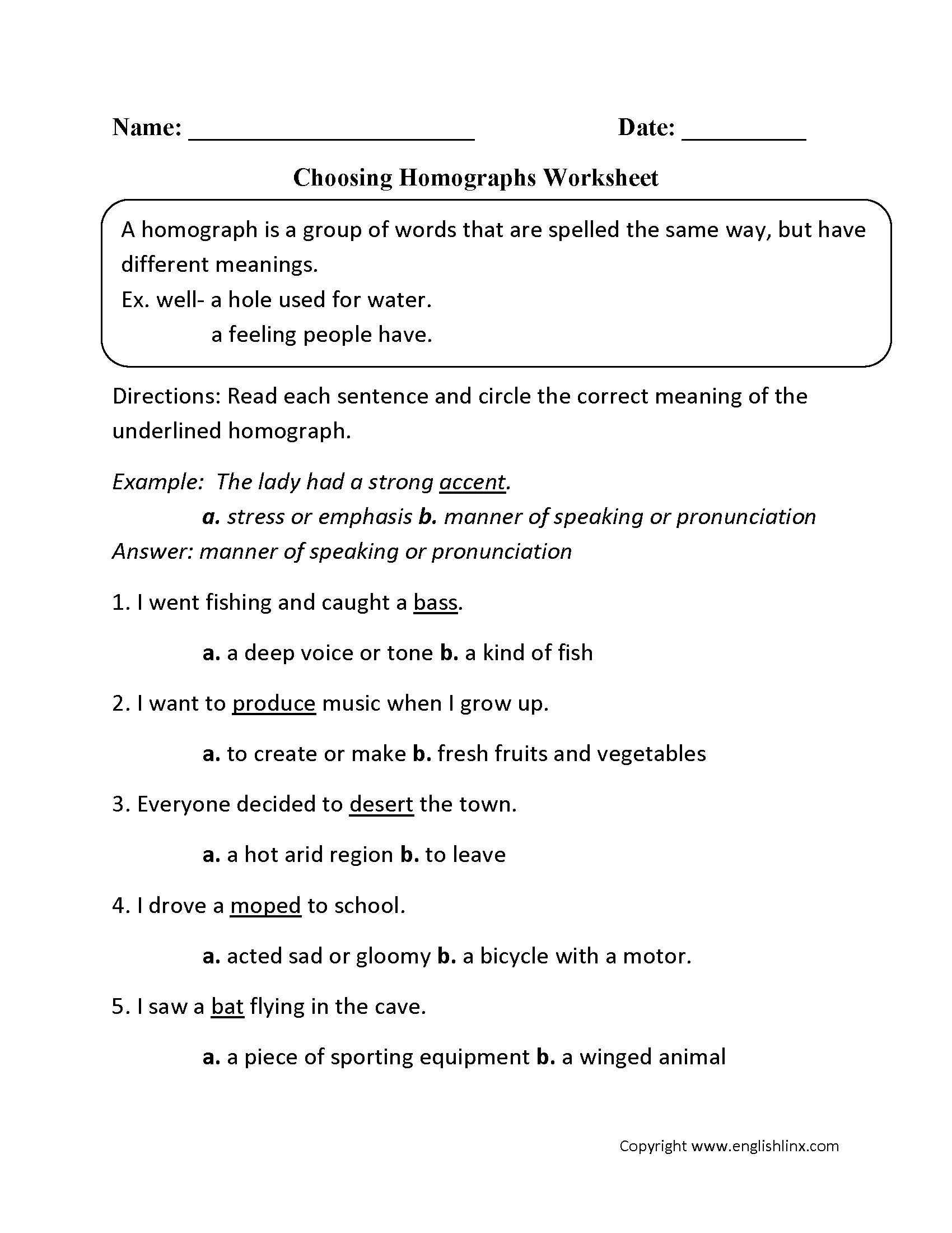 Homograph Worksheet 5th Grade Multiple Meaning Words Worksheets 5th Grade In 2020 with