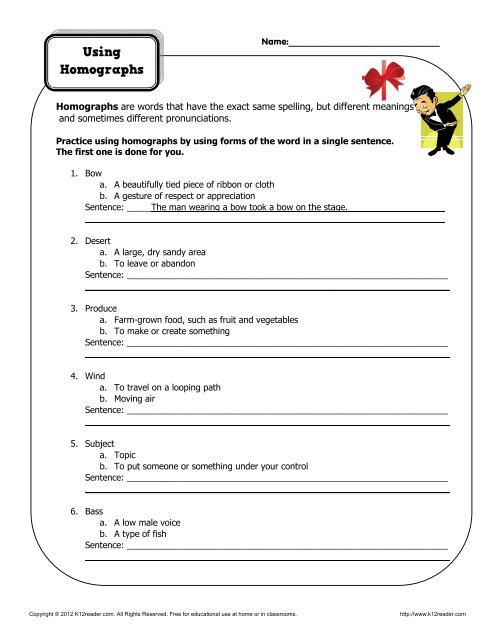 Homographs Worksheet 3rd Grade Using Homographs
