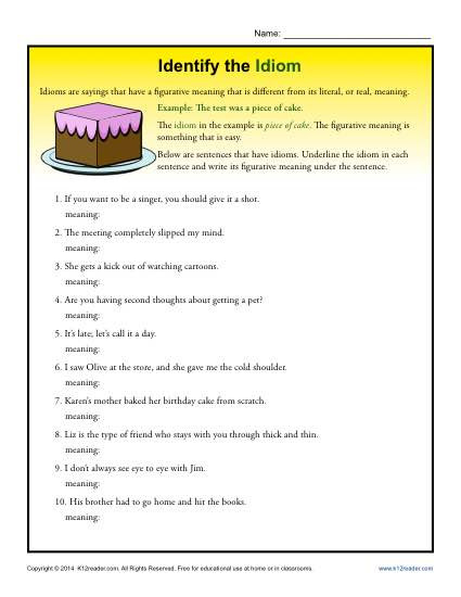 Idiom Worksheets for 2nd Grade Identify the Idioms