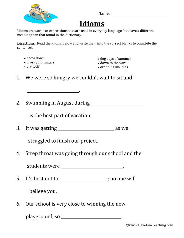 Idiom Worksheets for 2nd Grade Using Idioms Worksheet