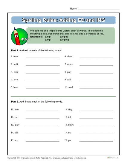 Ing Worksheets Grade 1 Spelling Rules Adding Ed and Ing