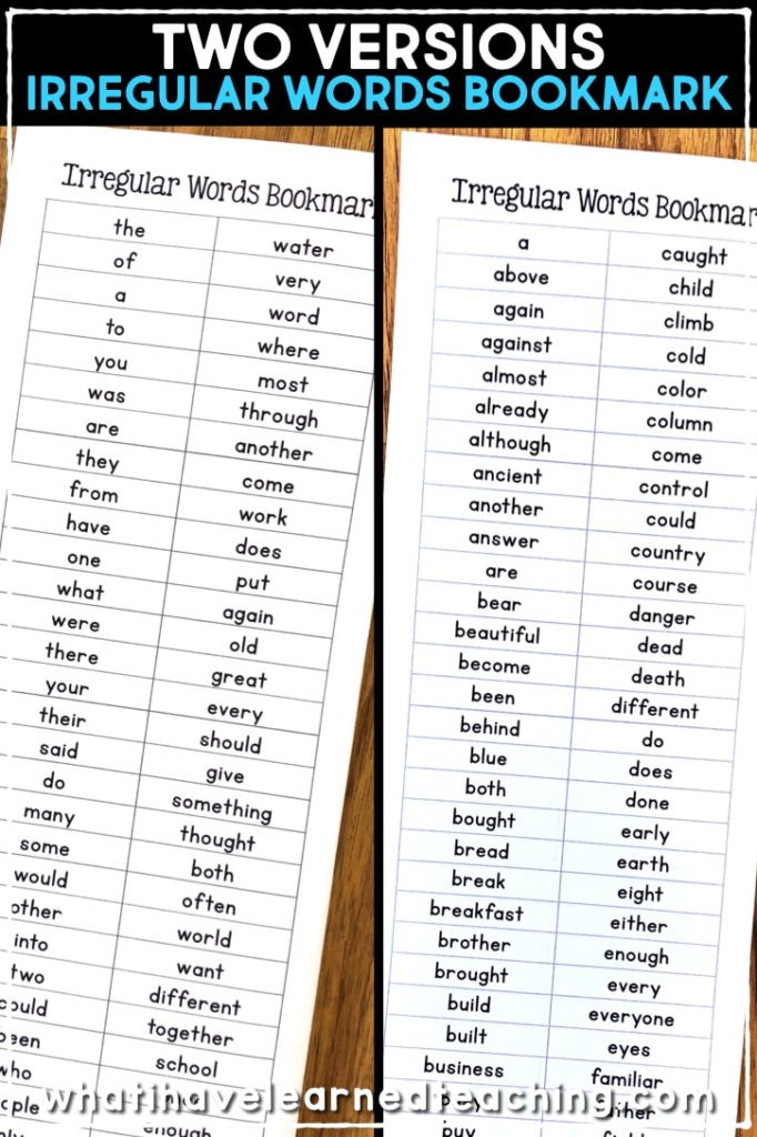 Irregularly Spelled Words 2nd Grade Free Sight Words Bookmark for Irregular Words