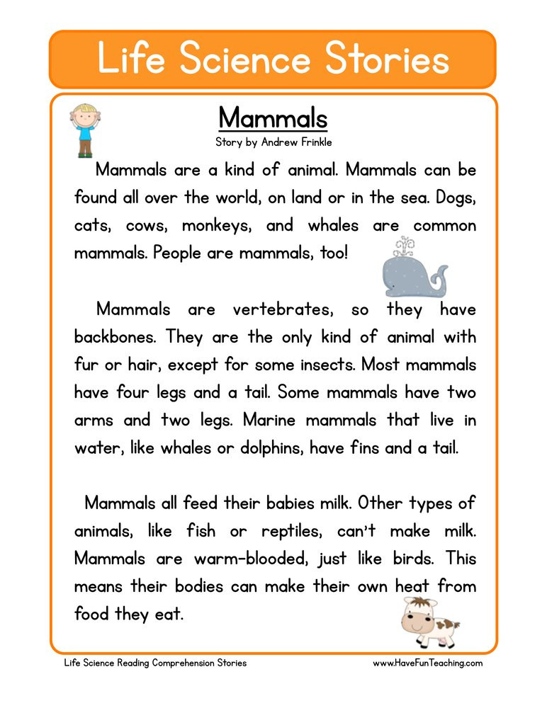 Mammals Worksheets for 2nd Grade Mammals Life Science Reading Prehension Worksheet
