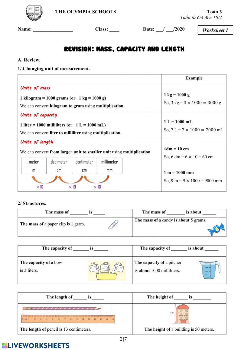 Measurement Worksheet Grade 3 Revision Mass Capacity Length Interactive Worksheet