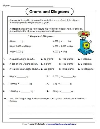 Measurement Worksheets for 3rd Grade Weight Grams and Kilograms Worksheets