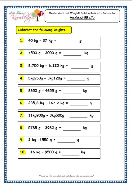 Measurement Worksheets Grade 3 Grade 3 Maths Worksheets 12 2 Measurement Of Weight