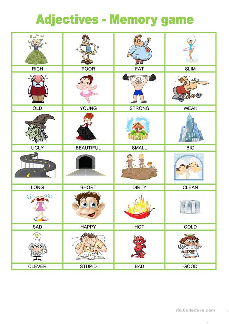 Memory Exercises for Adults Printable Adjectives Memory Game English Esl Worksheets for