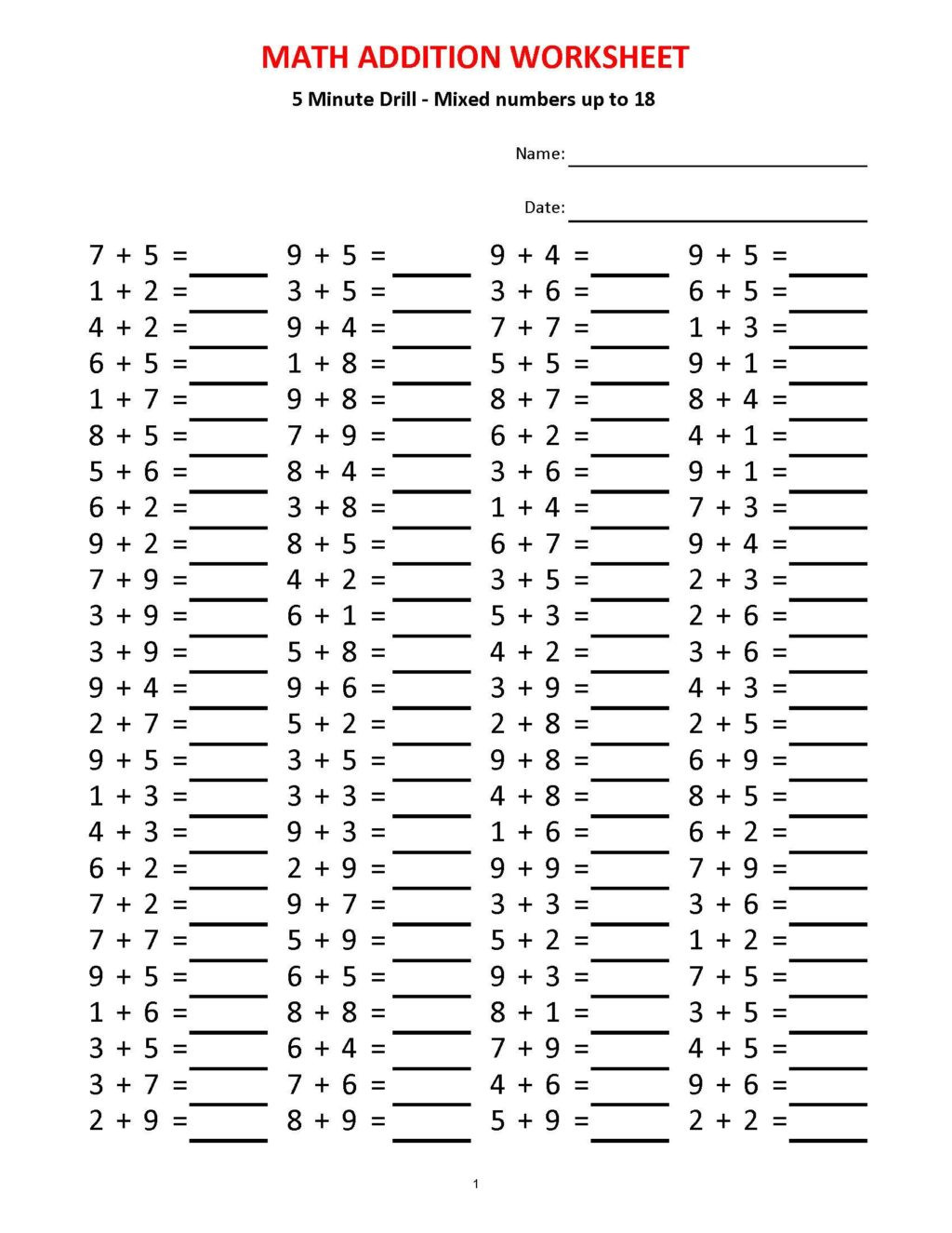 Minute Math Worksheets 1st Grade Worksheet Addition Minute Drill Hth Worksheets with Etsy