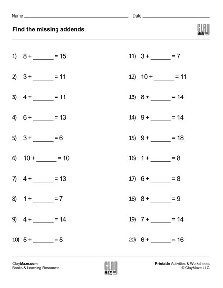 Missing Addend Worksheets First Grade Find the Missing Addends Worksheet Set 2 – Childrens