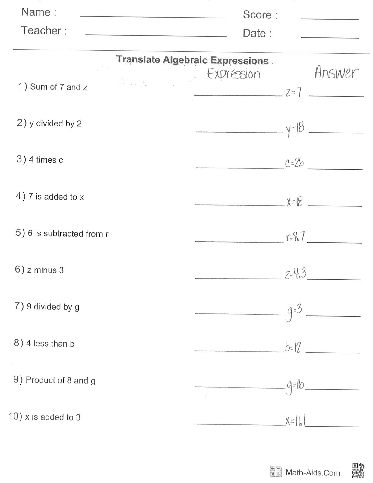 Numerical Expressions Worksheets 6th Grade Expressions Math Worksheets &amp; Free Math Worksheets Addition