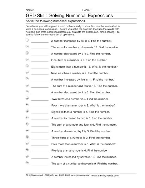 Numerical Expressions Worksheets 6th Grade Ged Skill solving Numerical Expressions Worksheet for 6th