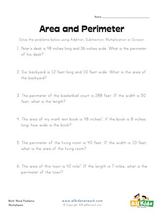 Perimeter Worksheets 3rd Grade area and Perimeter Word Problems Worksheet